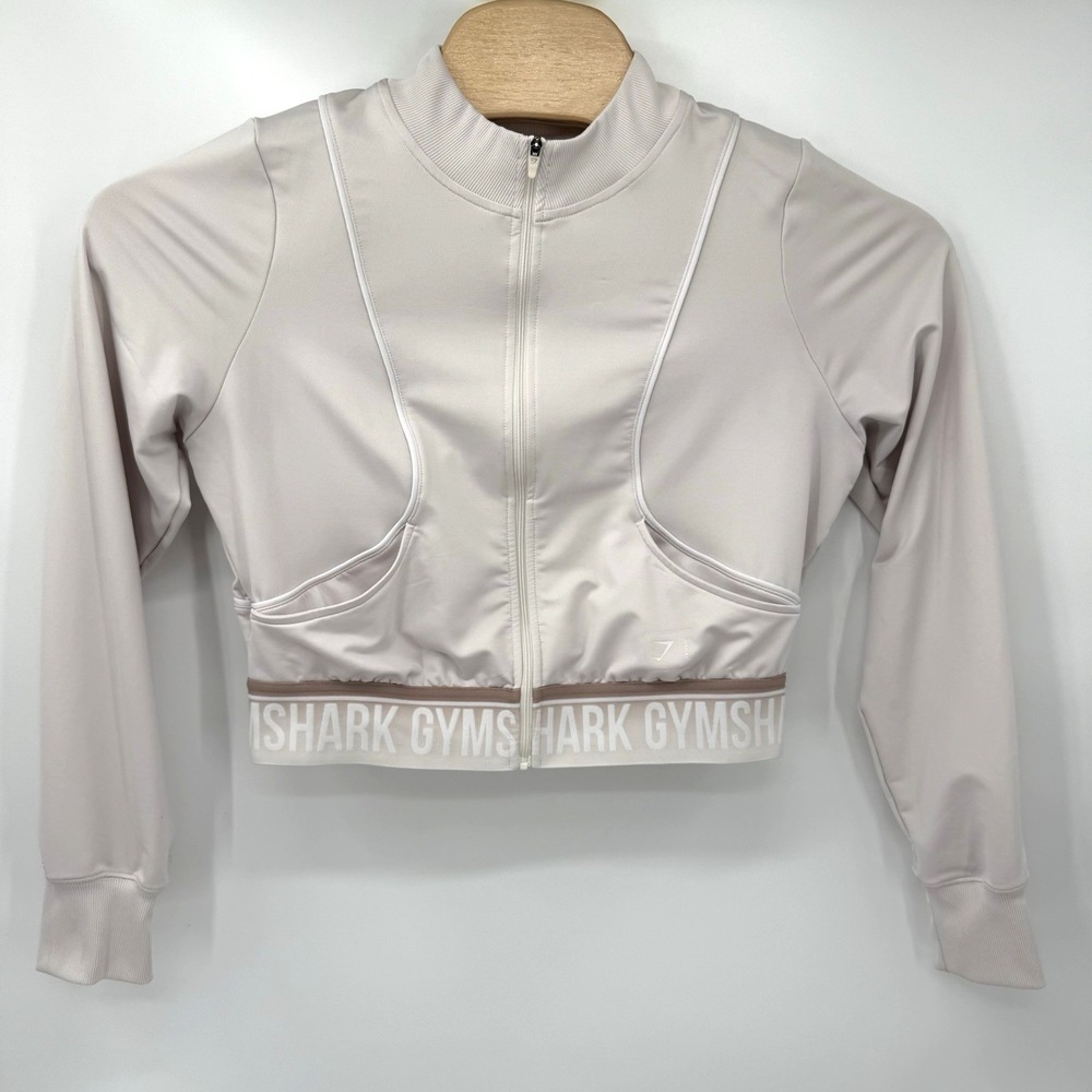Gymshark Jacket Womens L Beige Crop Zip Up GLTT5106-CCW Logo Hem Sporty Active